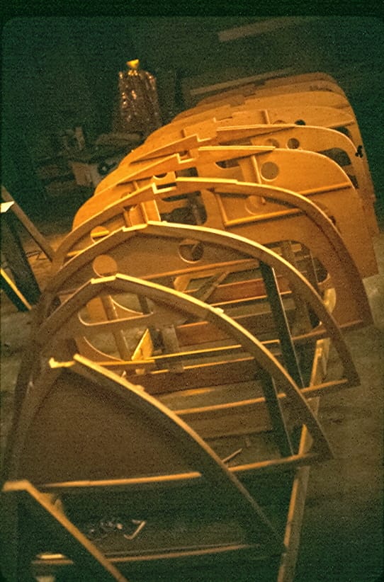 Ribs of Feather being assembled in first boat shop of Van Dam Custom Boats