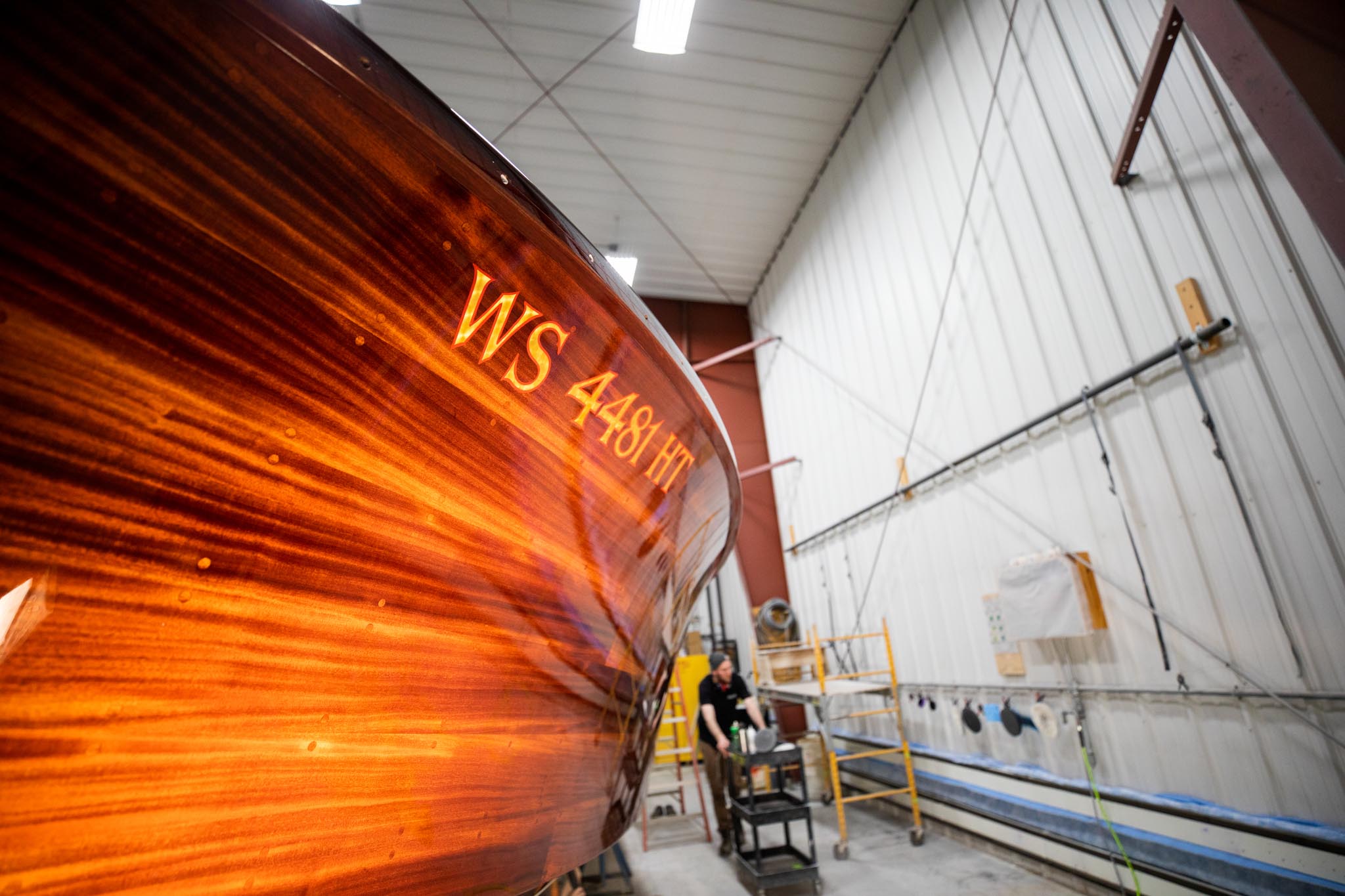 Angel's Wake in Van Dam's paint shop after exterior refinish