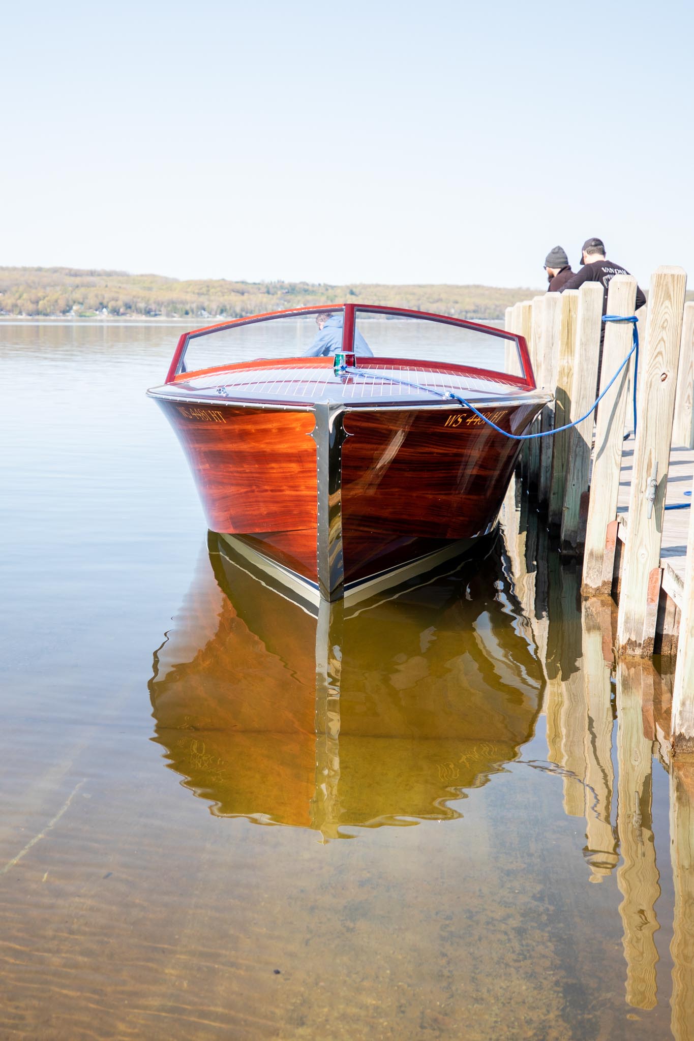 View of Angel's Wake's bookmatched mahogany hull