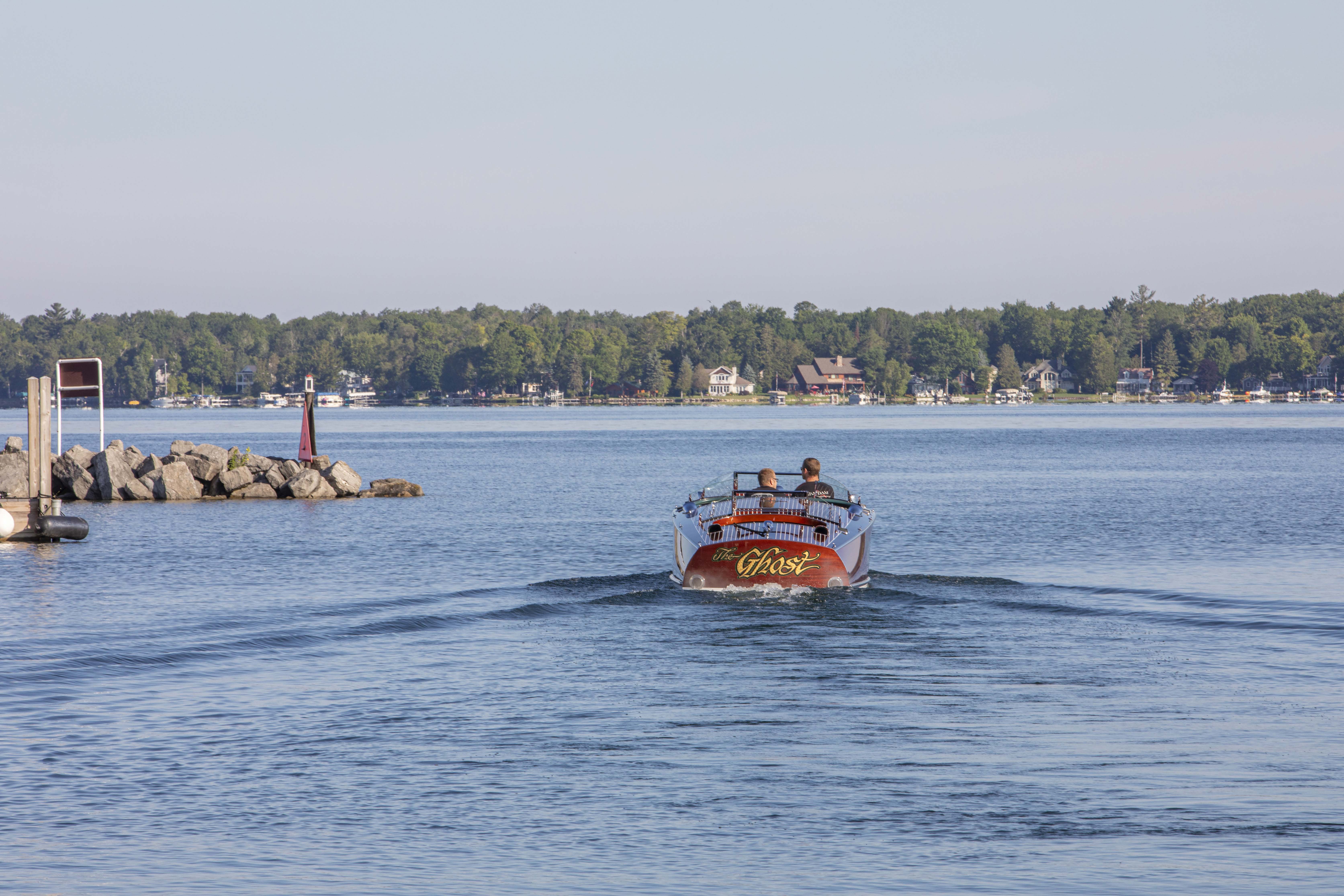 Transom view of Ghost going out onto Lake Charlevoix